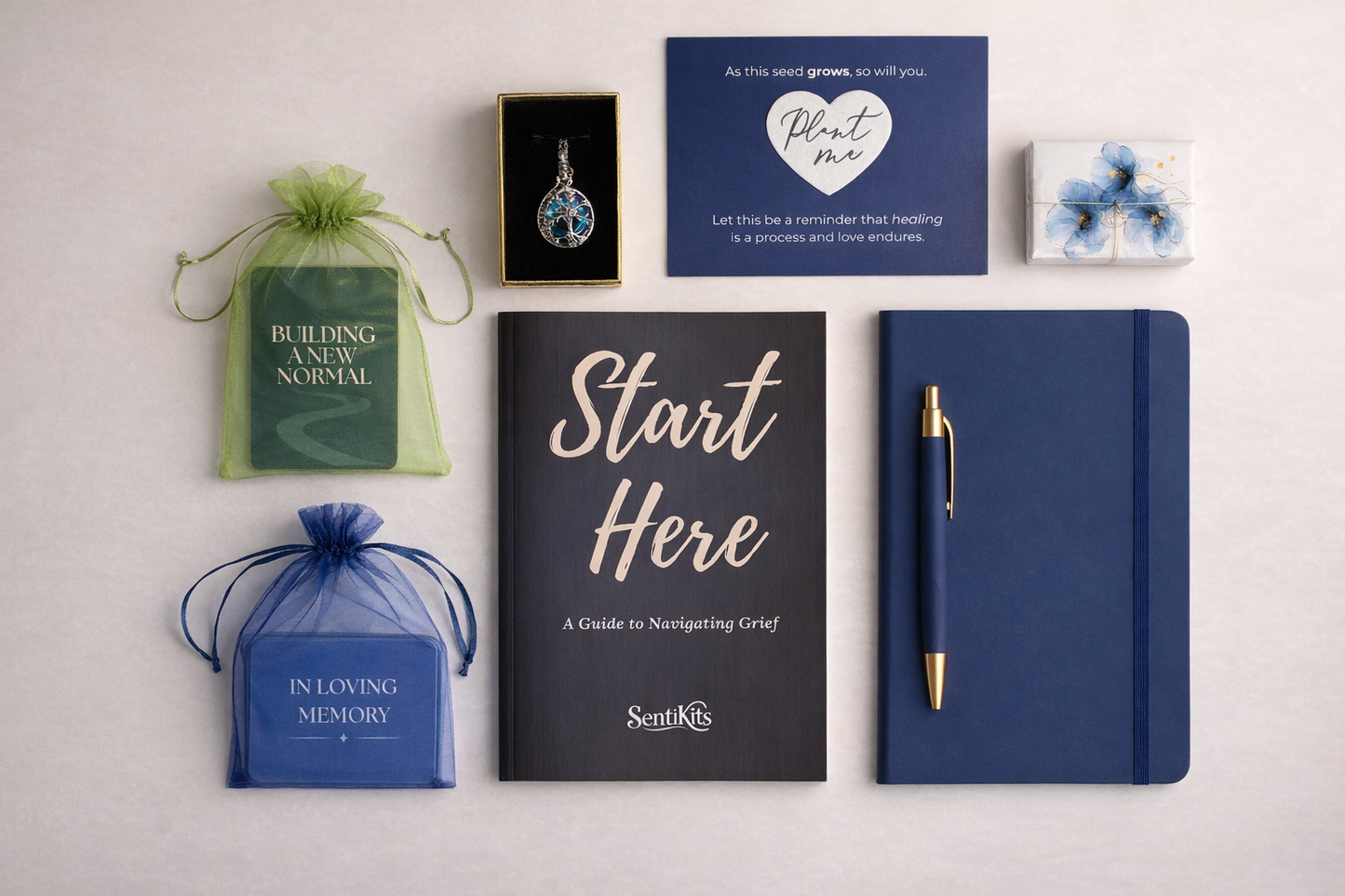 Grief Kit contents laid out — SentiKits therapist-developed sympathy gift for loss of loved one